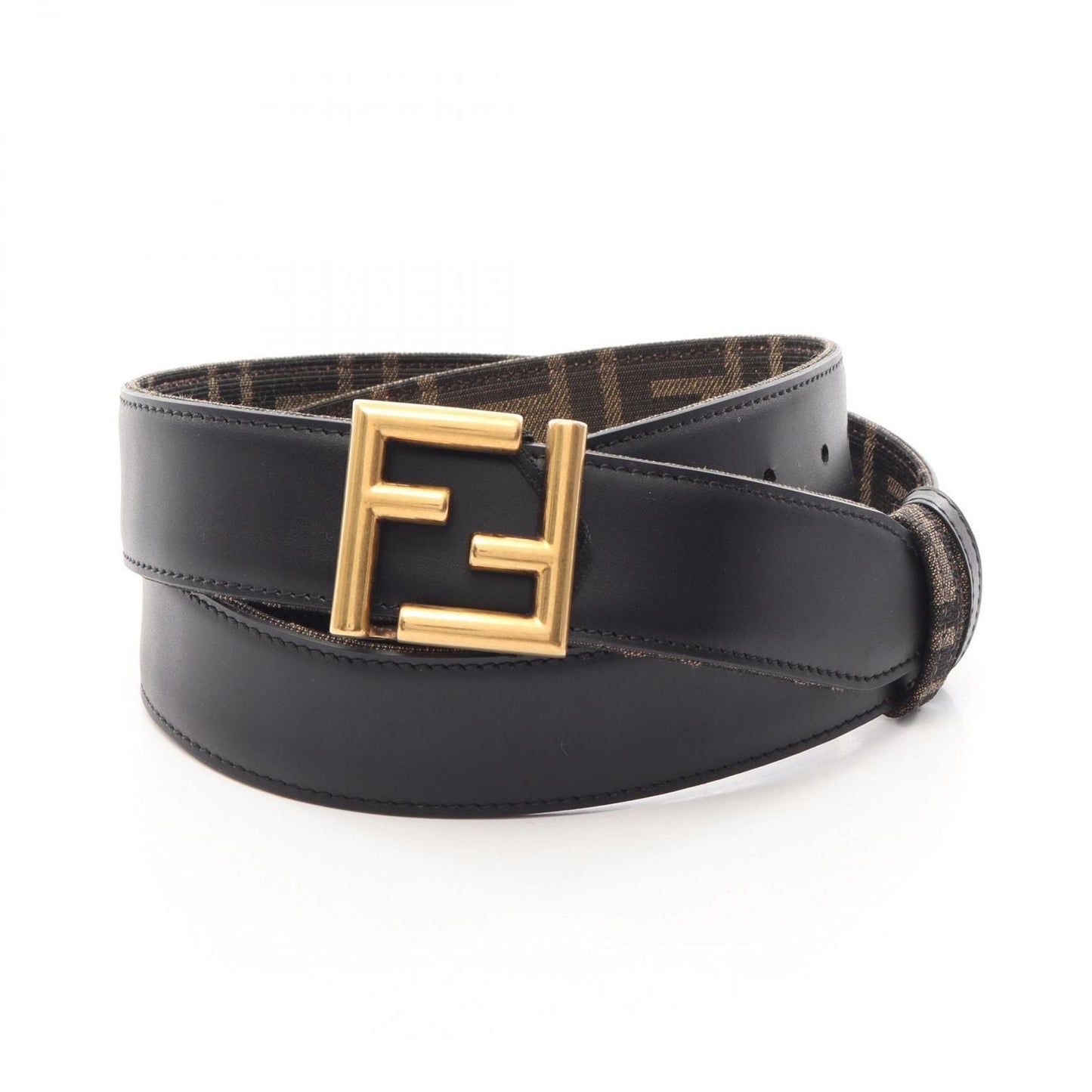 Fendi Belt FF Logo Buckle Gold Reversible Black Brown Canvas Leather