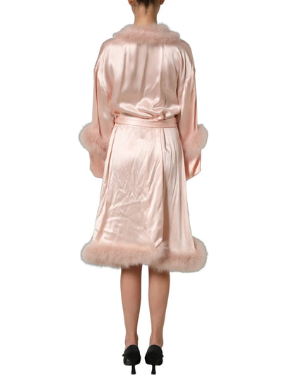 Dolce & Gabbana Light Pink Silk Turkey Feather Wrap Midi Dress