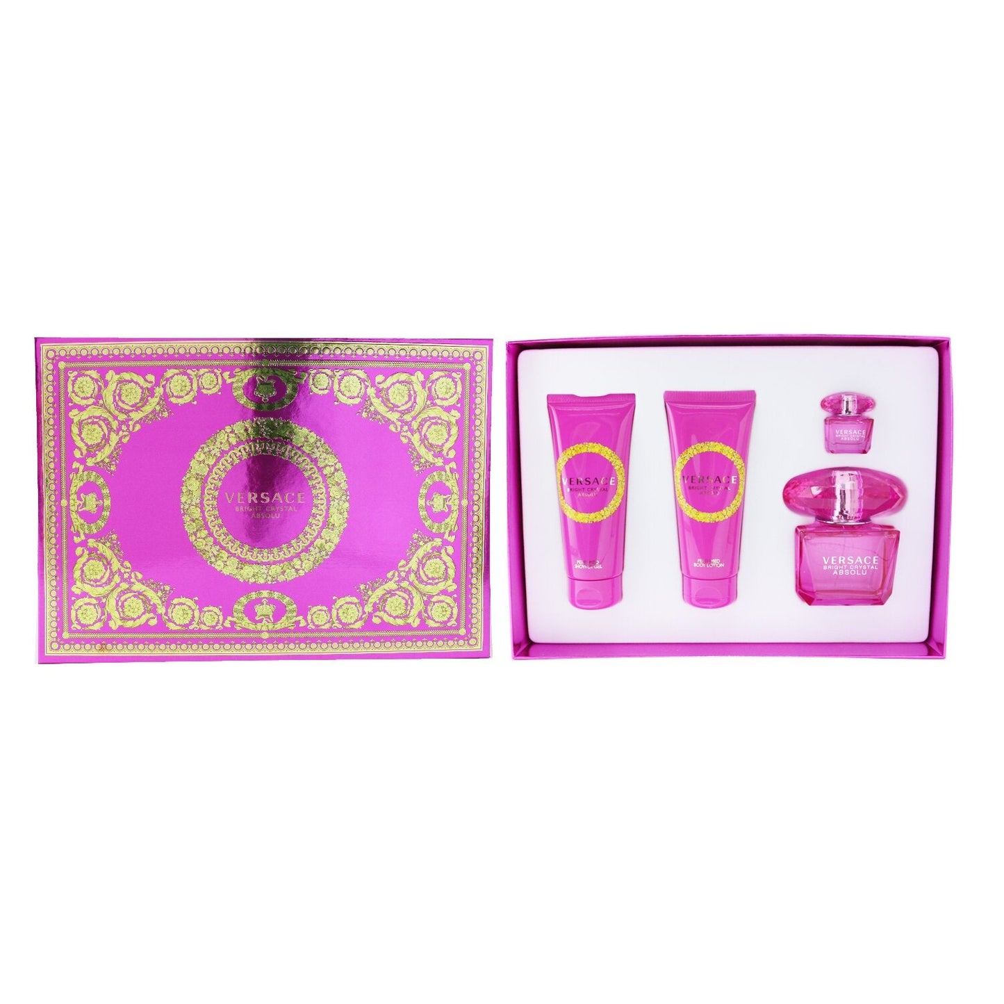 Versace Bright Crystal Absolu Coffret: Eau De Parfum Spray 90ml + Body Lotion 100ml +Eau De Parfum 5ml + Shower Gel 100ml  4pcs
