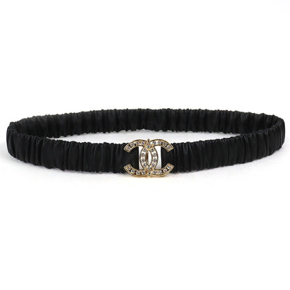 Chanel CC Logo Rhinestone Buckle Leather Rubber Belt Black Gold