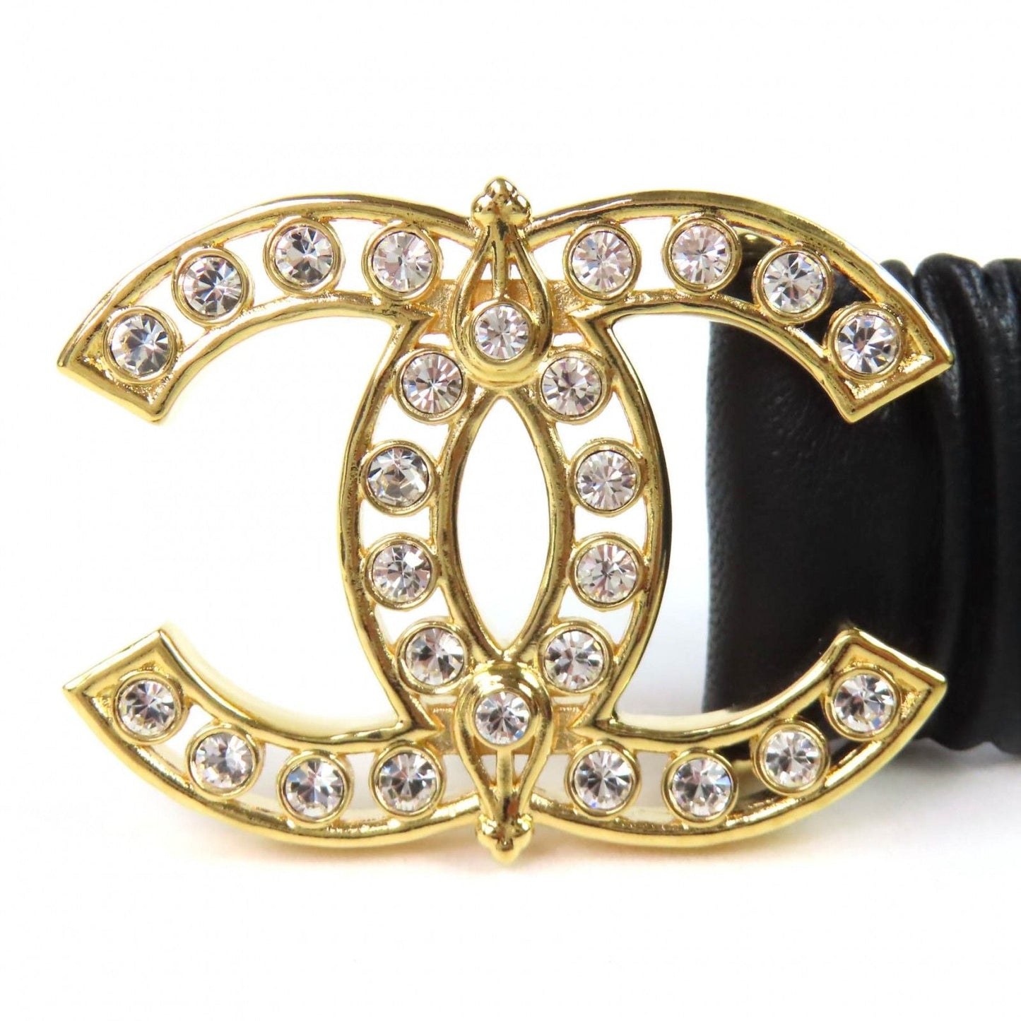 Chanel CC Logo Rhinestone Buckle Leather Rubber Belt Black Gold