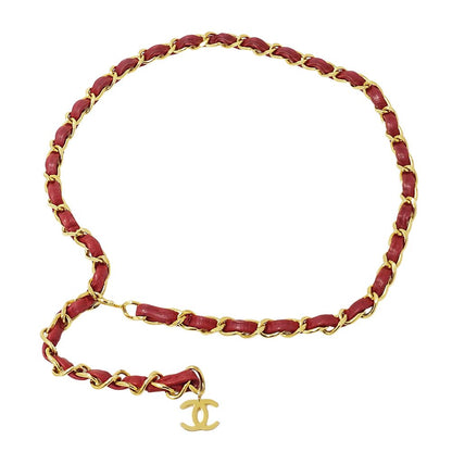 Chanel Belt Chain Leather Red Gold CC Logo