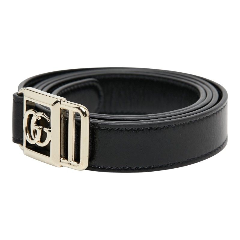 Gucci Double Buckle Slim Belt Black Gold Leather Plated