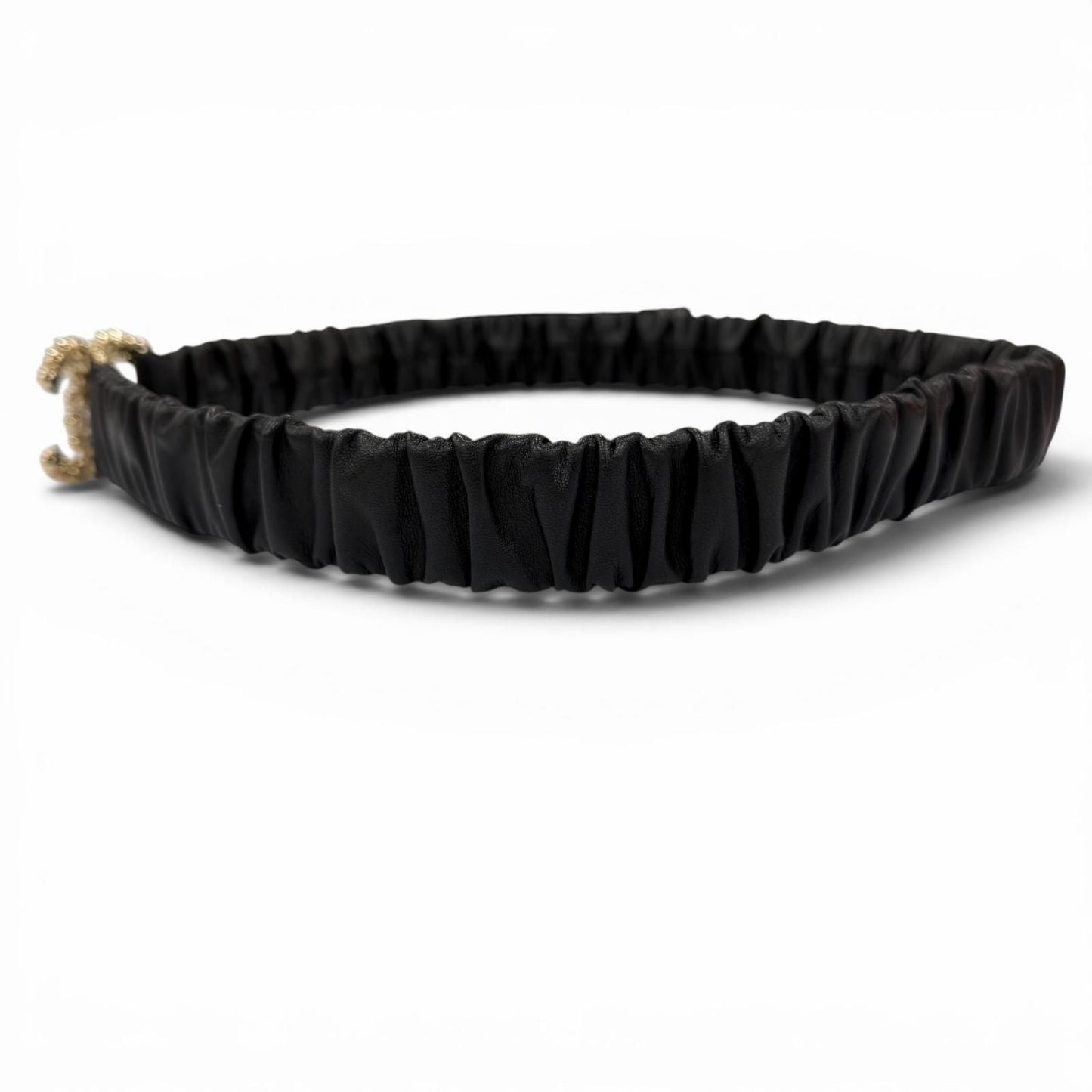 Chanel 21c CC Logo Rhinestone Leather Rubber Belt Black Gold