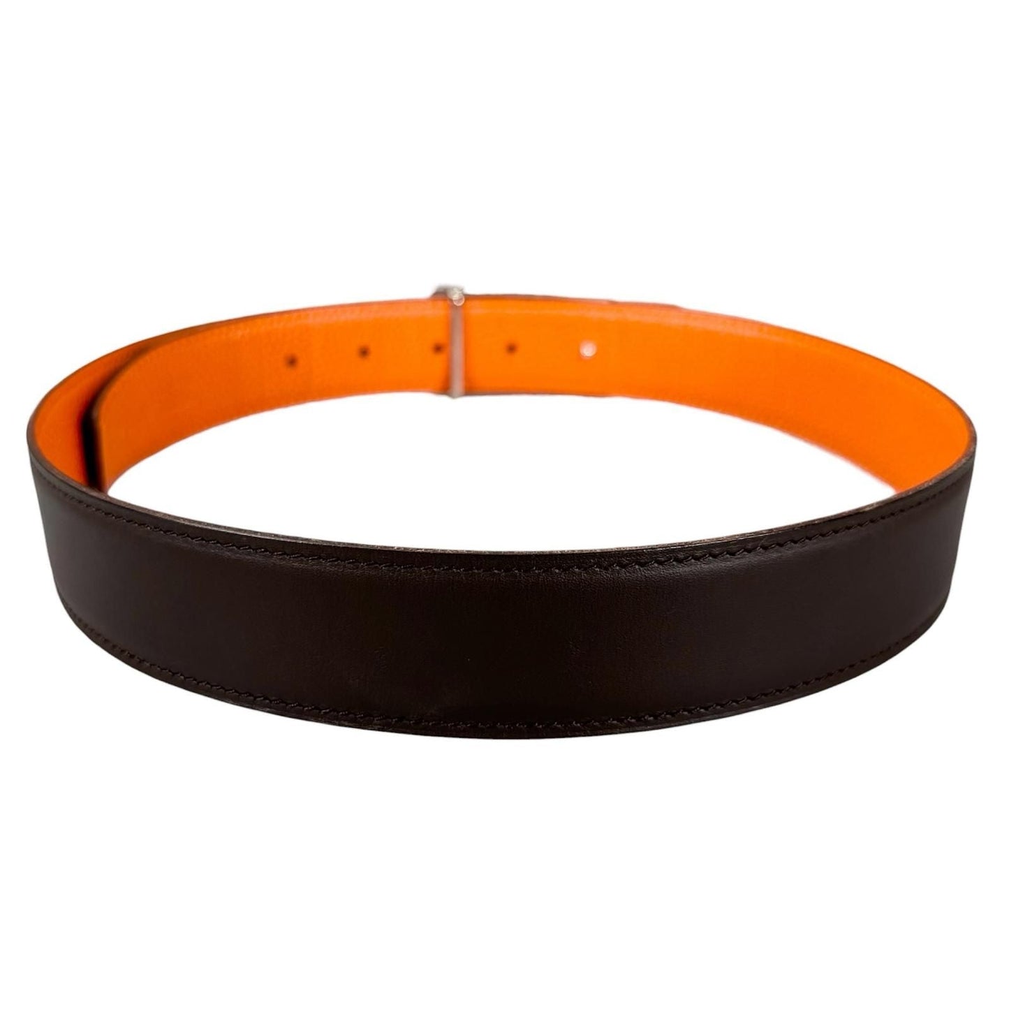 Hermes Belt Lucky Metal Leather Orange Dark Brown Silver