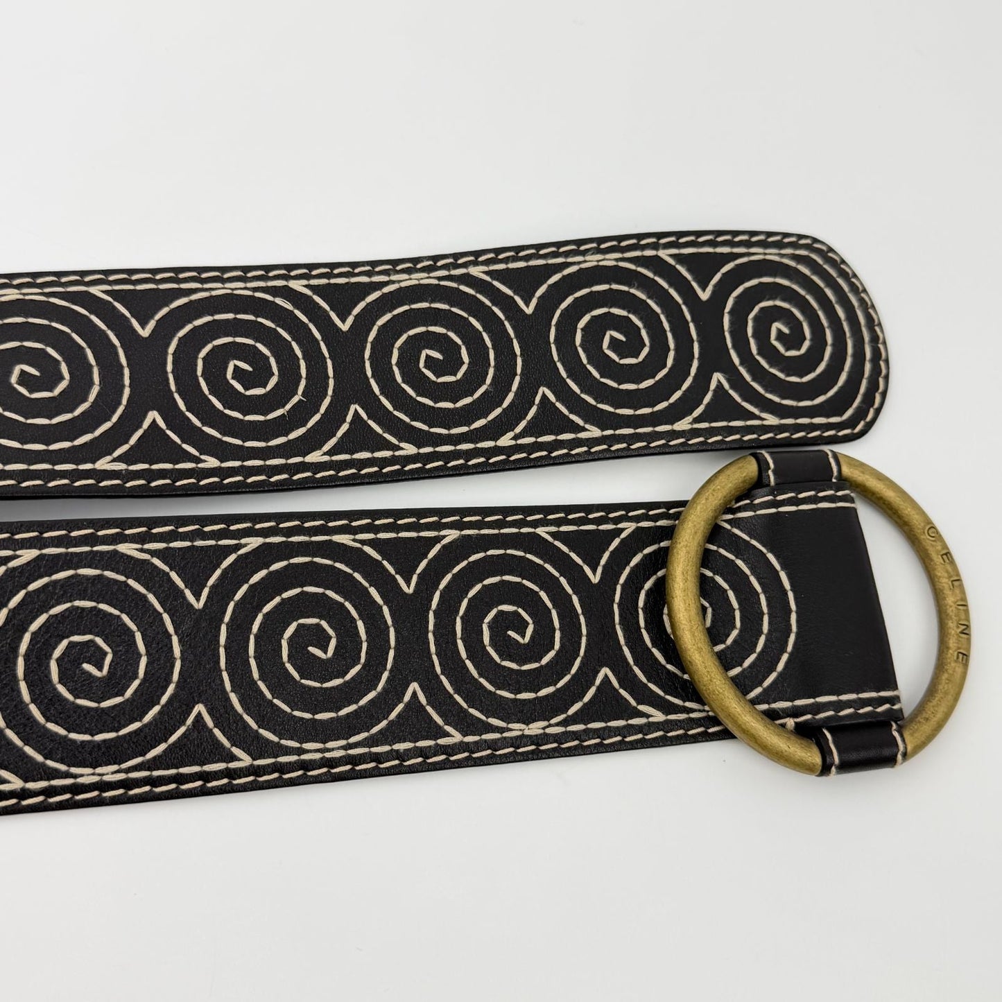 Celine Circle Buckle Spiral Pattern Leather Belt Brown Gold Vintage