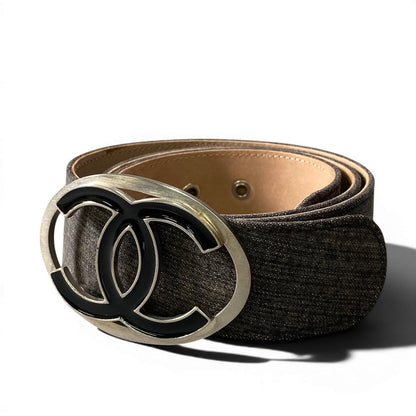 Chanel CC Logo Buckle Denim Leather Belt 36 90 Gray