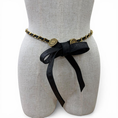 Chanel Vintage CC Logo Chain Leather Ribbon Belt Black Gold