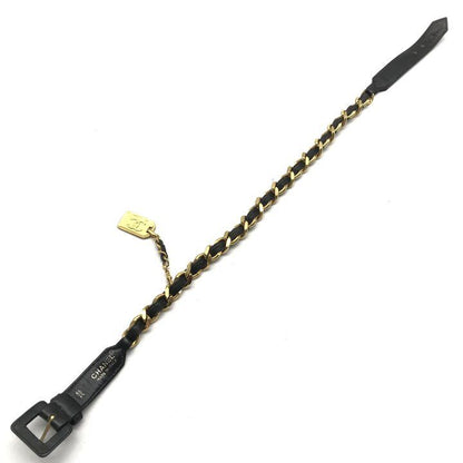 Chanel Logo Plate Gold Vintage Leather Chain Belt Black