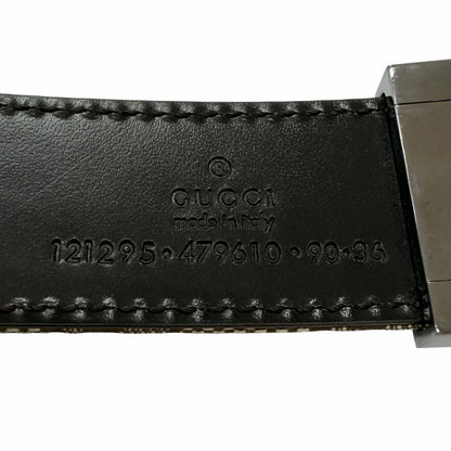 Gucci Leather GG Canvas Silver Square Hapi Buckle Reversible Belt Beige Black