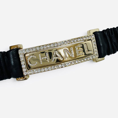 Chanel 23c Logo Buckle Rhinestone Leather Belt Black Gold