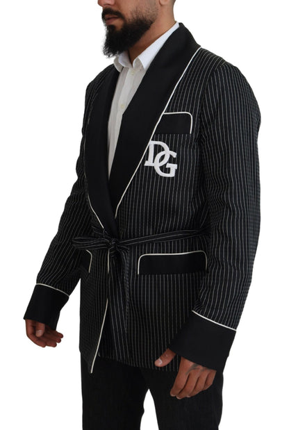 Dolce & Gabbana Dark Gray Robe Striped DG Patch Jacket Men Blazer