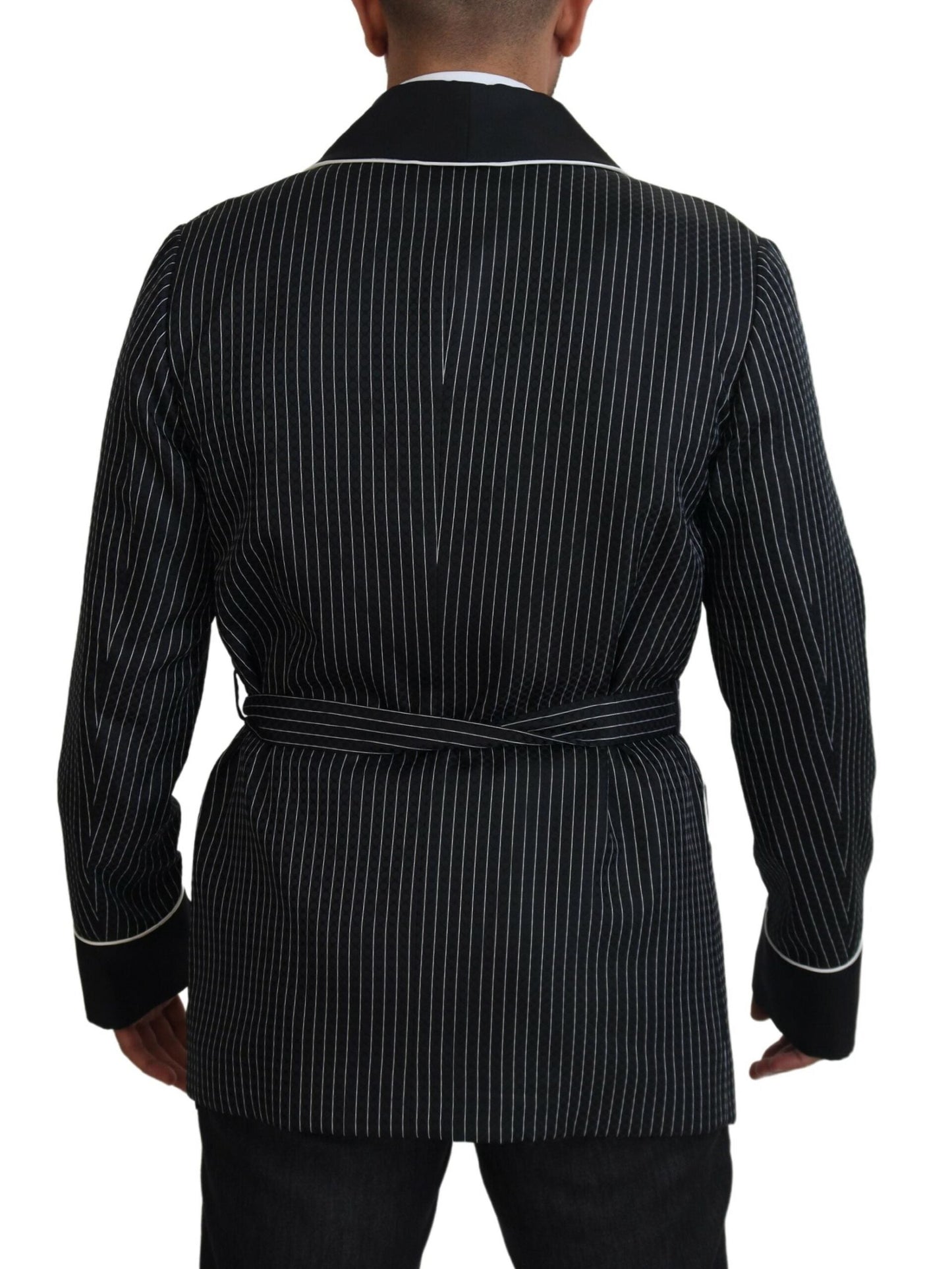 Dolce & Gabbana Dark Gray Robe Striped DG Patch Jacket Men Blazer