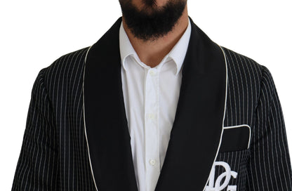Dolce & Gabbana Dark Gray Robe Striped DG Patch Jacket Men Blazer