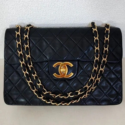 Authentic CHANEL Jumbo Maxi XL 24K Gold Flap Bag Lambskin Chain Shoulder Black