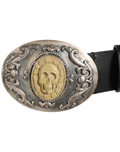 Dolce & Gabbana Black Leather Ornate Metal Buckle Men Belt