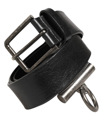 Dolce & Gabbana Black Leather Side Rings Brass Buckle Belt