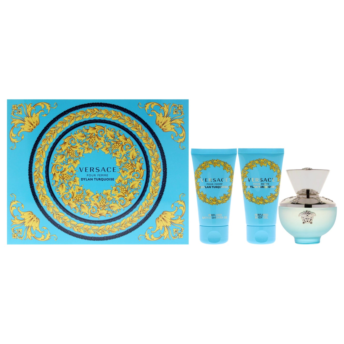 Dylan Turquoise by Versace for Women - 3 Pc 1.7oz EDT Spray, 1.7oz Perfumed Body Gel, 1.7oz Perfumed Bath and Shower Gel