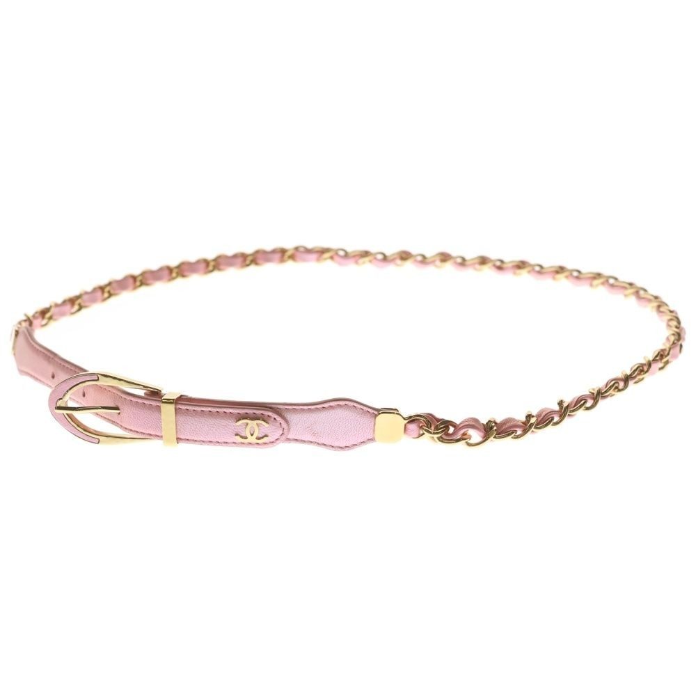 Chanel CC Logo Leather Chain Belt Pink Gold