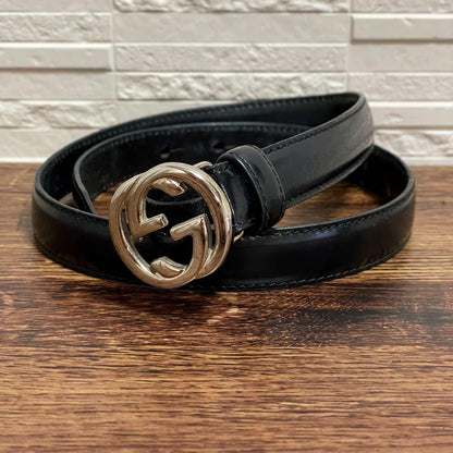 Gucci GG Interlocking Buckle Leather Belt Silver Black