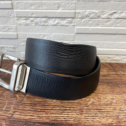 Prada Saffiano Leather Silver Buckle Belt Black
